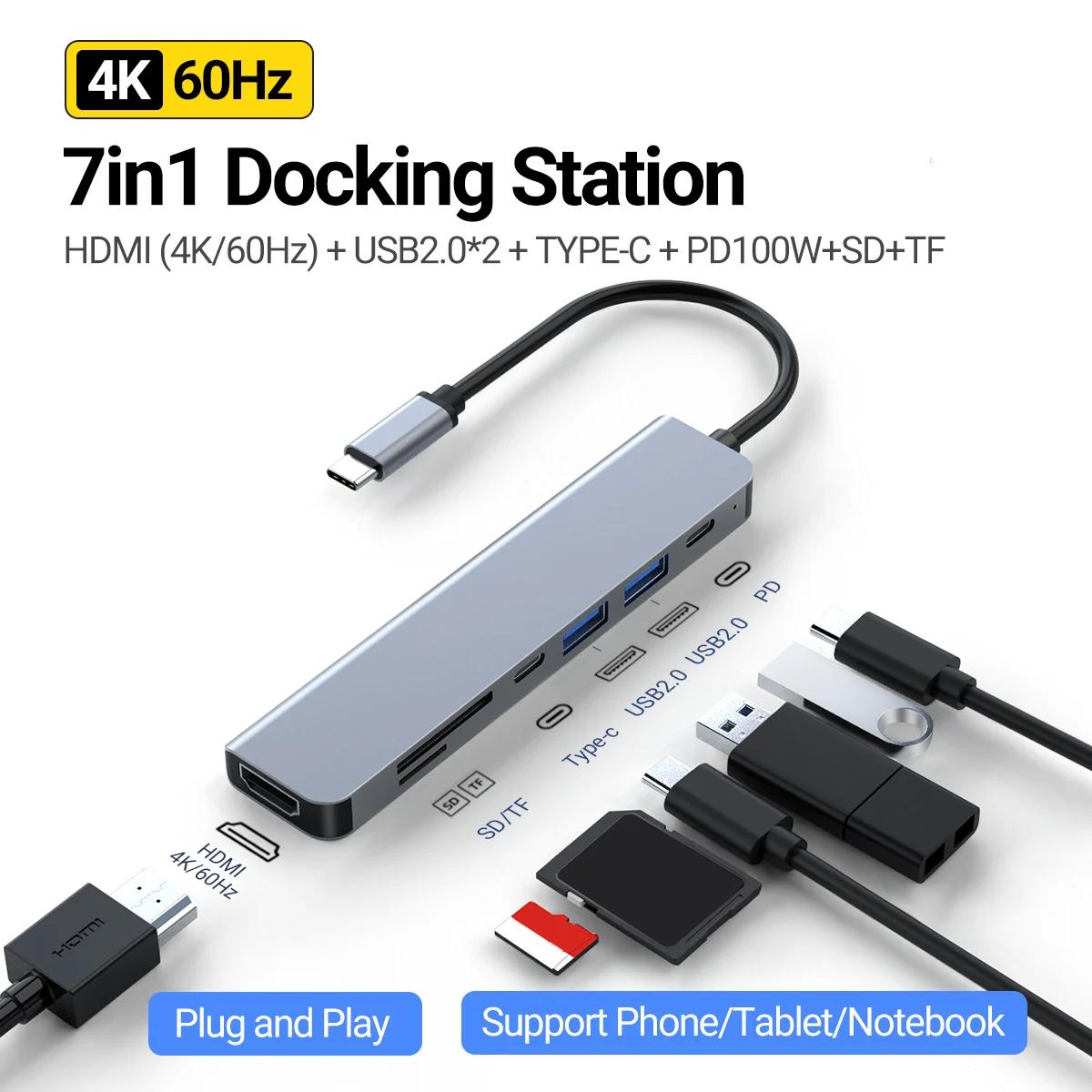USB-C  ˷̴  CŸ ŷ ̼, ޴, ƮϿ, 4K 60Hz HDMI, PD 100W, USB 2.0*2, SD, TF, 7 in 1